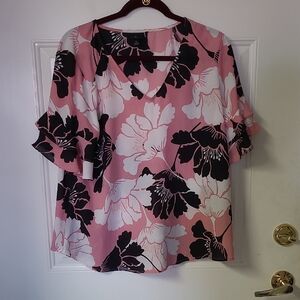 Worthington Pink Floral V-Neck Ruffle Sleeve Top
